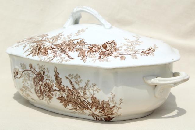 photo of aesthetic vintage ironstone china covered dish, brown transferware poppies #3