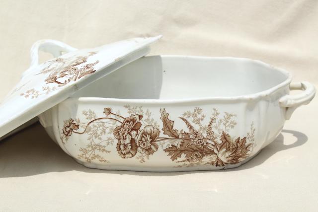 photo of aesthetic vintage ironstone china covered dish, brown transferware poppies #4