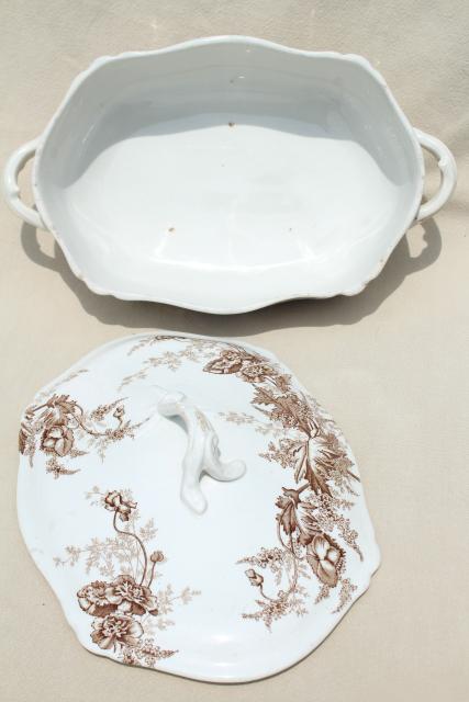 photo of aesthetic vintage ironstone china covered dish, brown transferware poppies #7