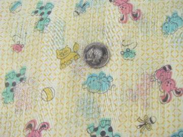 catalog photo of airy summer weight cotton fabric, cute vintage baby animals print on yellow