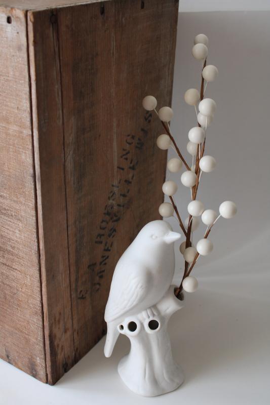photo of all white bisque china bird flower holder figurine vase, vintage farmhouse decor #1