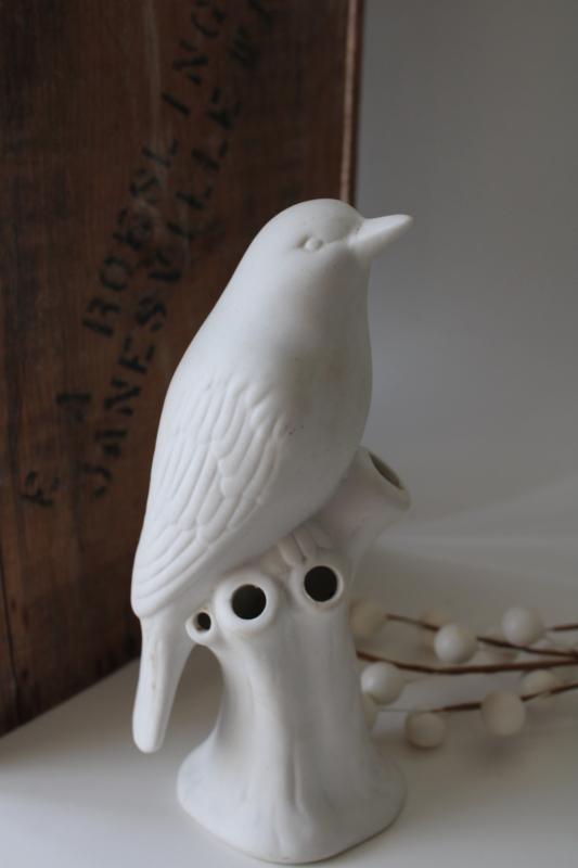 photo of all white bisque china bird flower holder figurine vase, vintage farmhouse decor #2