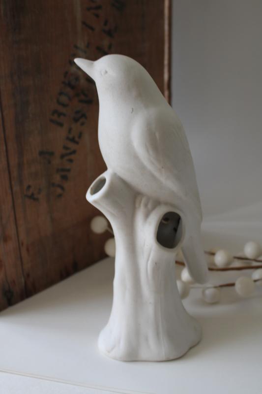 photo of all white bisque china bird flower holder figurine vase, vintage farmhouse decor #3