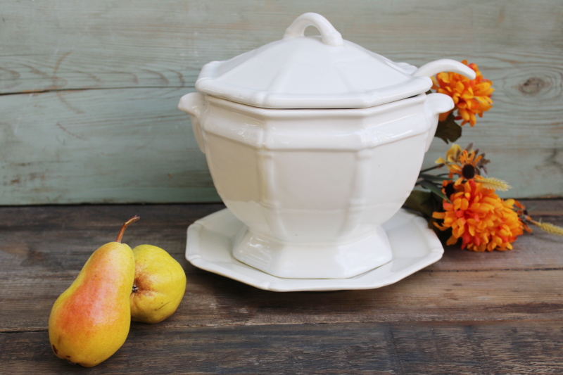 photo of all white ceramic soup tureen w/ ladle, chinoiserie bamboo pattern vintage California pottery  #1
