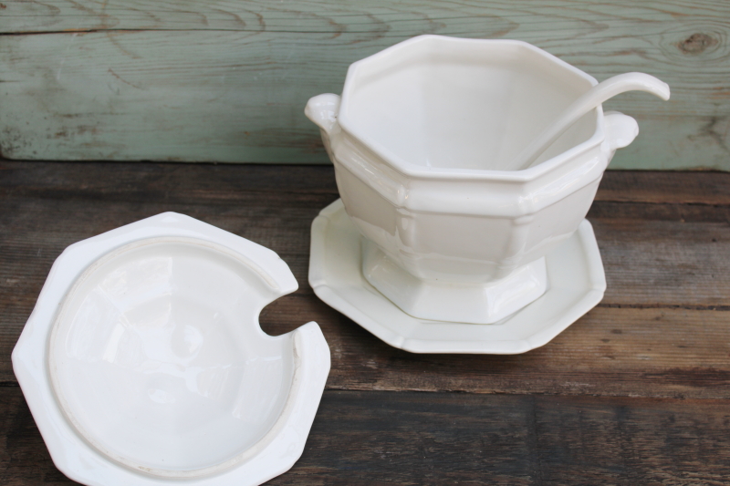 photo of all white ceramic soup tureen w/ ladle, chinoiserie bamboo pattern vintage California pottery  #2