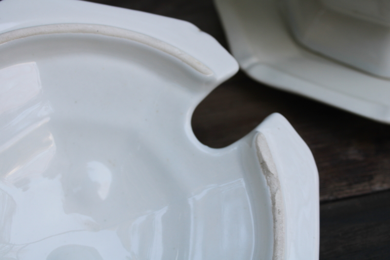 photo of all white ceramic soup tureen w/ ladle, chinoiserie bamboo pattern vintage California pottery  #3