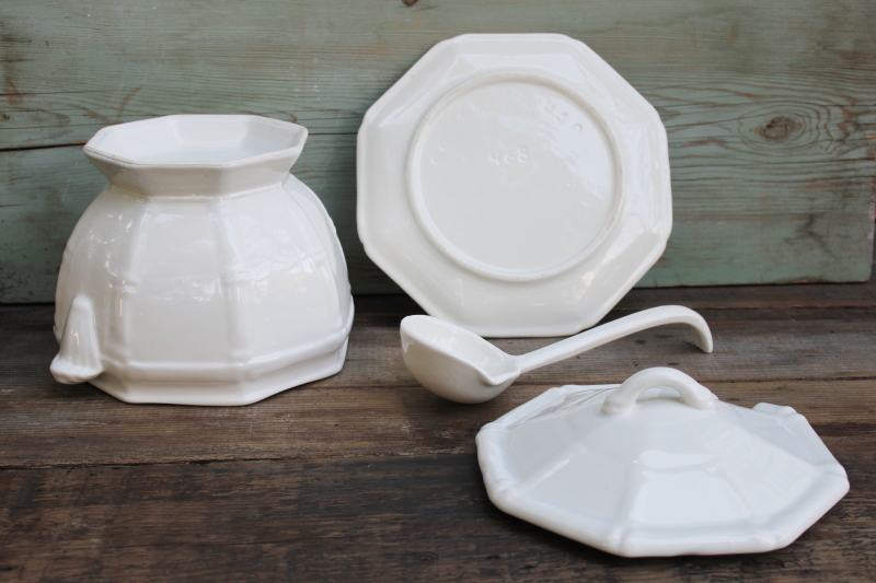 photo of all white ceramic soup tureen w/ ladle, chinoiserie bamboo pattern vintage California pottery  #7