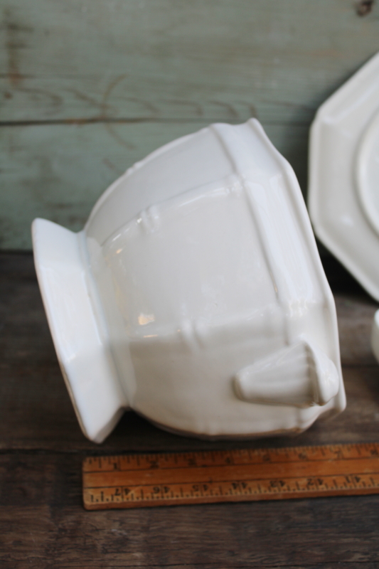 photo of all white ceramic soup tureen w/ ladle, chinoiserie bamboo pattern vintage California pottery  #8