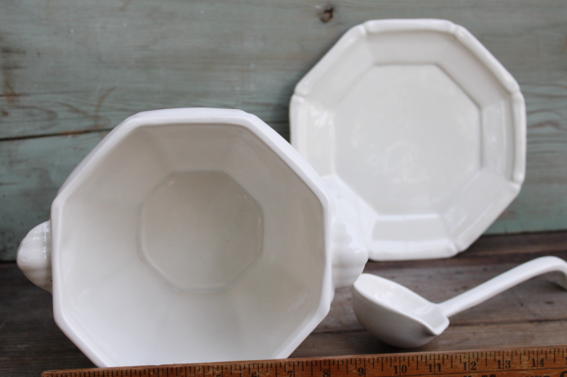 photo of all white ceramic soup tureen w/ ladle, chinoiserie bamboo pattern vintage California pottery  #9
