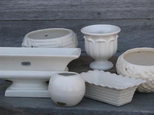 photo of all white lot retro vintage pottery planters and vases, matte and gloss glaze #1