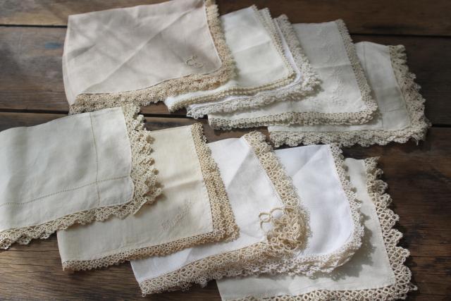 photo of all white vintage cotton linen hankies, handkerchiefs w/ handmade lace tatting, tatted edging #1