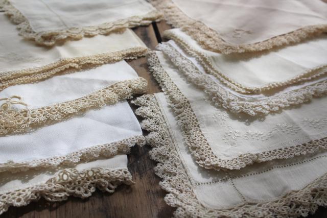 photo of all white vintage cotton linen hankies, handkerchiefs w/ handmade lace tatting, tatted edging #2