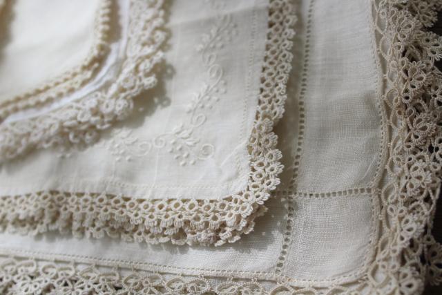 photo of all white vintage cotton linen hankies, handkerchiefs w/ handmade lace tatting, tatted edging #3