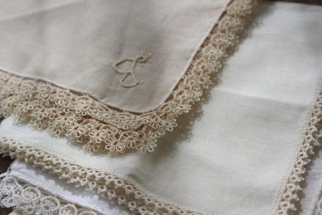 photo of all white vintage cotton linen hankies, handkerchiefs w/ handmade lace tatting, tatted edging #4