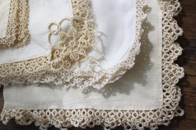 photo of all white vintage cotton linen hankies, handkerchiefs w/ handmade lace tatting, tatted edging #6