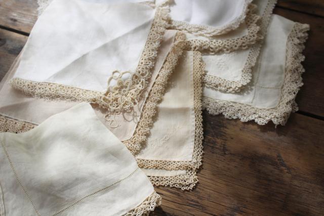 photo of all white vintage cotton linen hankies, handkerchiefs w/ handmade lace tatting, tatted edging #9