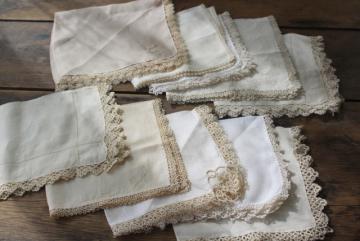 catalog photo of all white vintage cotton linen hankies, handkerchiefs w/ handmade lace tatting, tatted edging