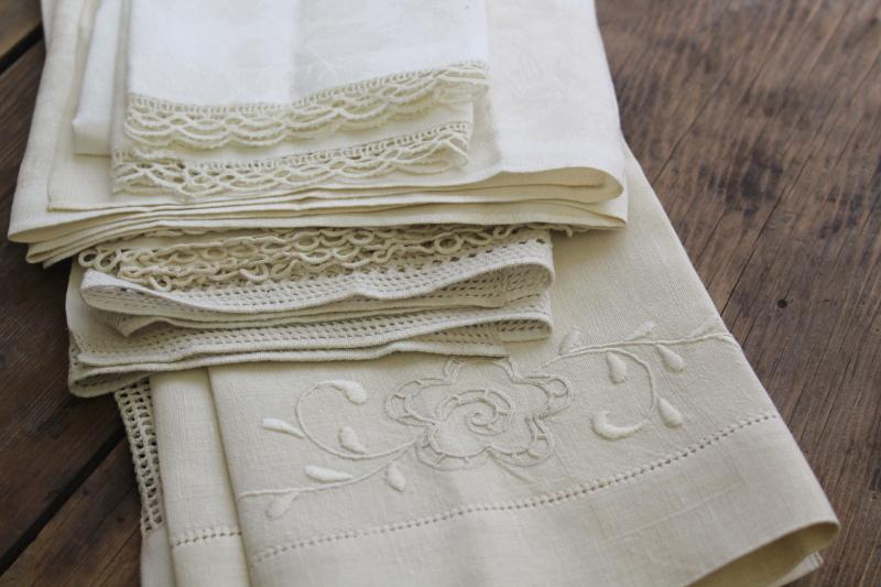 photo of all white vintage fancywork towels w/ embroidery & lace, cotton & linen powder room linens #12