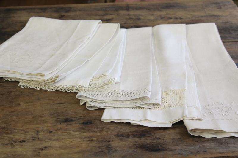 photo of all white vintage fancywork towels w/ embroidery & lace, cotton & linen powder room linens #13