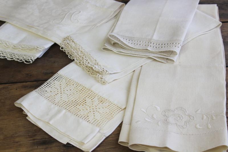 photo of all white vintage fancywork towels w/ embroidery & lace, cotton & linen powder room linens #14