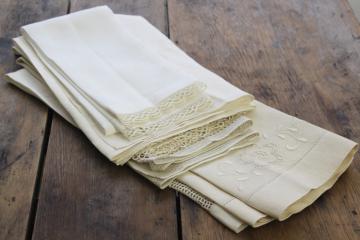 catalog photo of all white vintage fancywork towels w/ embroidery & lace, cotton & linen powder room linens