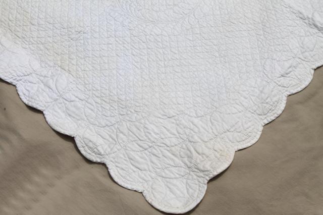 photo of all white wholecloth quilt, vintage quilted cotton bedspread bed cover #9