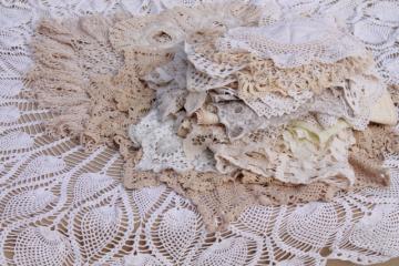 catalog photo of all white work vintage crochet lace & linens lot, doilies, table mats & centerpieces