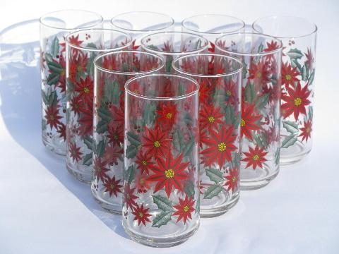 photo of allover red poinsettia pattern glasses, set of 10 Christmas print glass tumblers #1