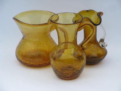 photo of amber crackle glass, retro vintage hand-blown art glass pitchers lot #1