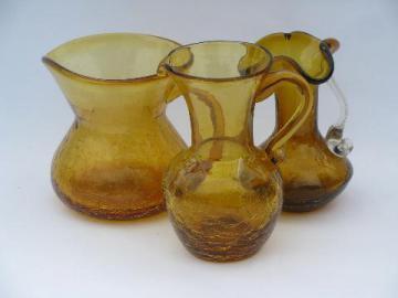 catalog photo of amber crackle glass, retro vintage hand-blown art glass pitchers lot