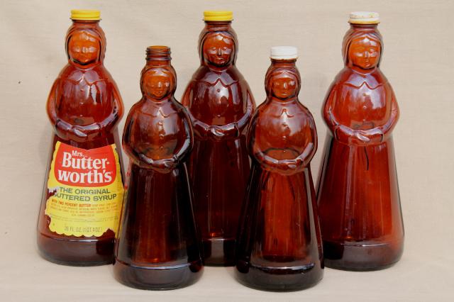 photo of amber glass Mrs Butterworth syrup bottle lot, lady shape bottles for dolls or crafts #1