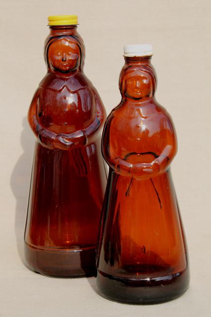 photo of amber glass Mrs Butterworth syrup bottle lot, lady shape bottles for dolls or crafts #2