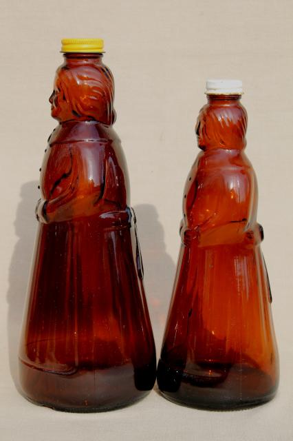 photo of amber glass Mrs Butterworth syrup bottle lot, lady shape bottles for dolls or crafts #3