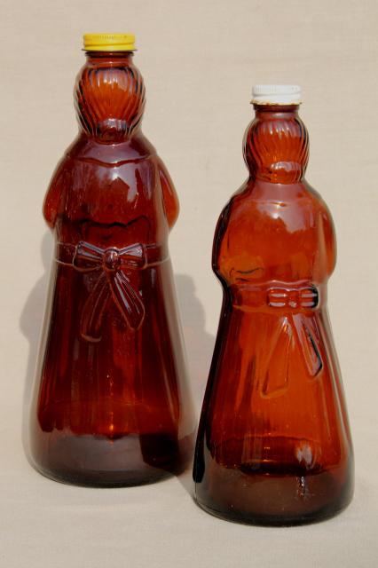 photo of amber glass Mrs Butterworth syrup bottle lot, lady shape bottles for dolls or crafts #4