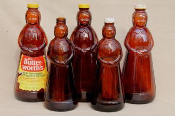 catalog photo of amber glass Mrs Butterworth syrup bottle lot, lady shape bottles for dolls or crafts