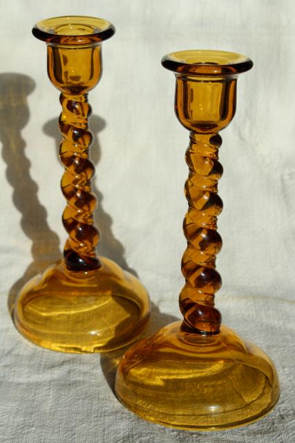 photo of amber glass barley twist candlesticks, pair of vintage Tiffin glass candle holders #2