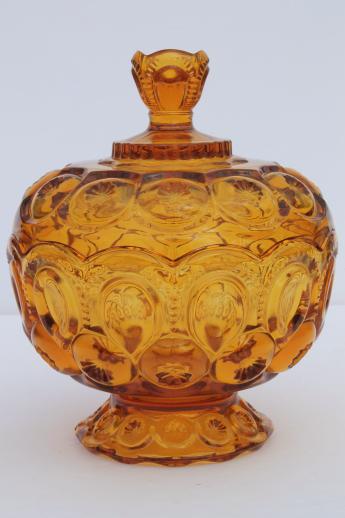 photo of amber glass candy dish, vintage moon and stars pattern pressed glass bowl w/ lid #1