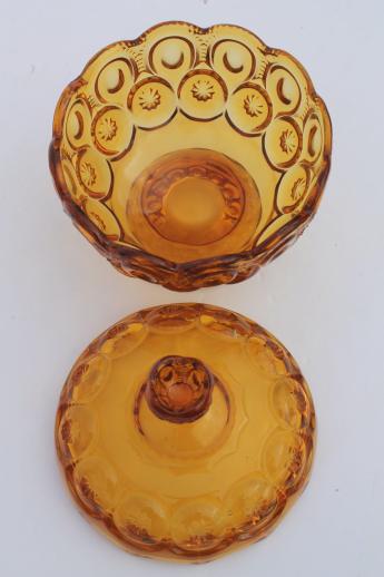 photo of amber glass candy dish, vintage moon and stars pattern pressed glass bowl w/ lid #3