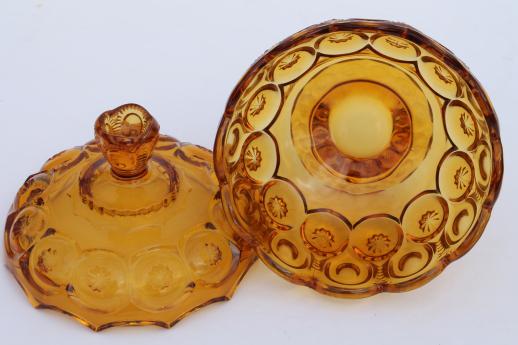 photo of amber glass candy dish, vintage moon and stars pattern pressed glass bowl w/ lid #5