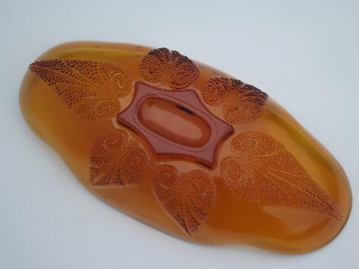 photo of amber glass celery tray, Anchor Hocking renaissance beaded  leaf pattern  #4