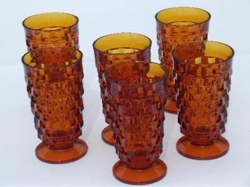 catalog photo of amber glass cube pattern iced tea glasses, vintage Whitehall footed tumblers
