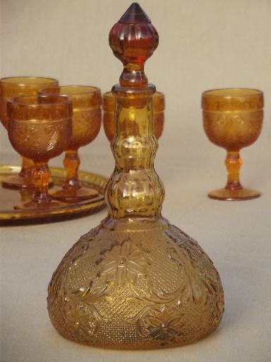 photo of amber glass decanter set goblets & tray, Tiara sandwich daisy pattern #2