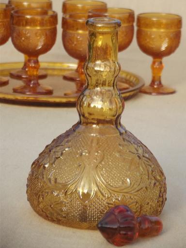 photo of amber glass decanter set goblets & tray, Tiara sandwich daisy pattern #3