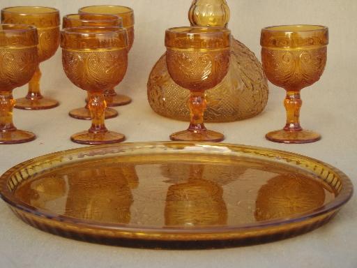 photo of amber glass decanter set goblets & tray, Tiara sandwich daisy pattern #4