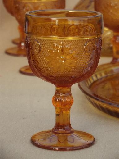 photo of amber glass decanter set goblets & tray, Tiara sandwich daisy pattern #6