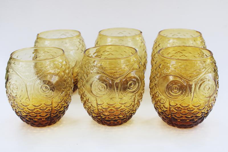 photo of amber glass owls roly poly tumblers, drinking glasses or hurricane candle holders #1