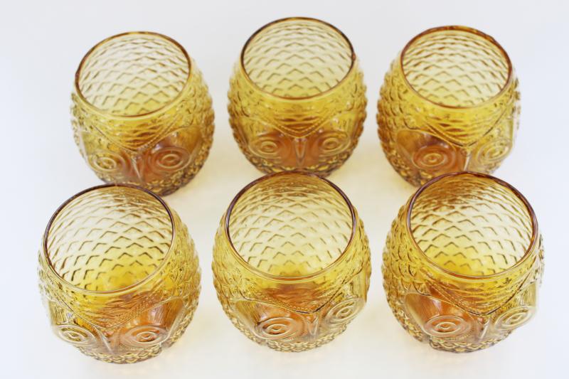 photo of amber glass owls roly poly tumblers, drinking glasses or hurricane candle holders #2