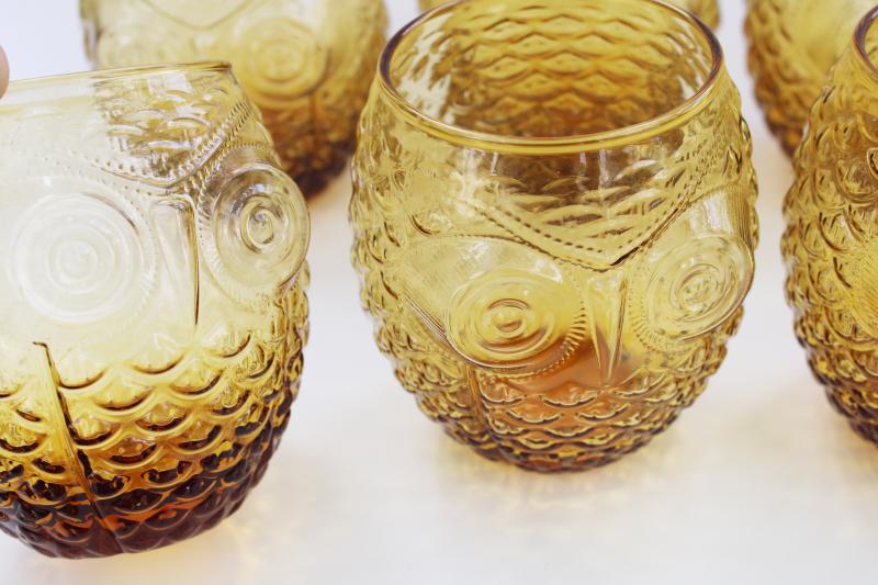 photo of amber glass owls roly poly tumblers, drinking glasses or hurricane candle holders #3