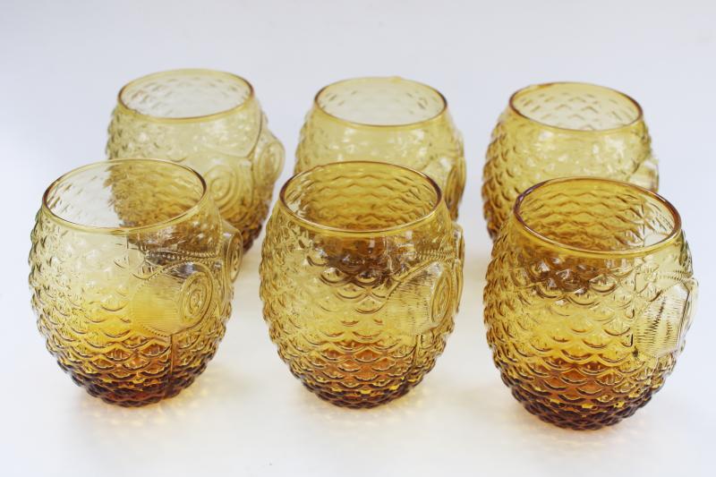 photo of amber glass owls roly poly tumblers, drinking glasses or hurricane candle holders #4