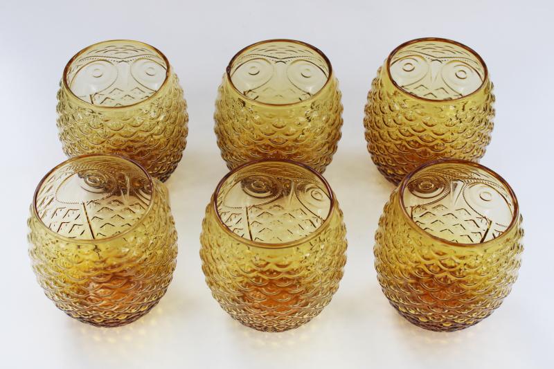 photo of amber glass owls roly poly tumblers, drinking glasses or hurricane candle holders #5